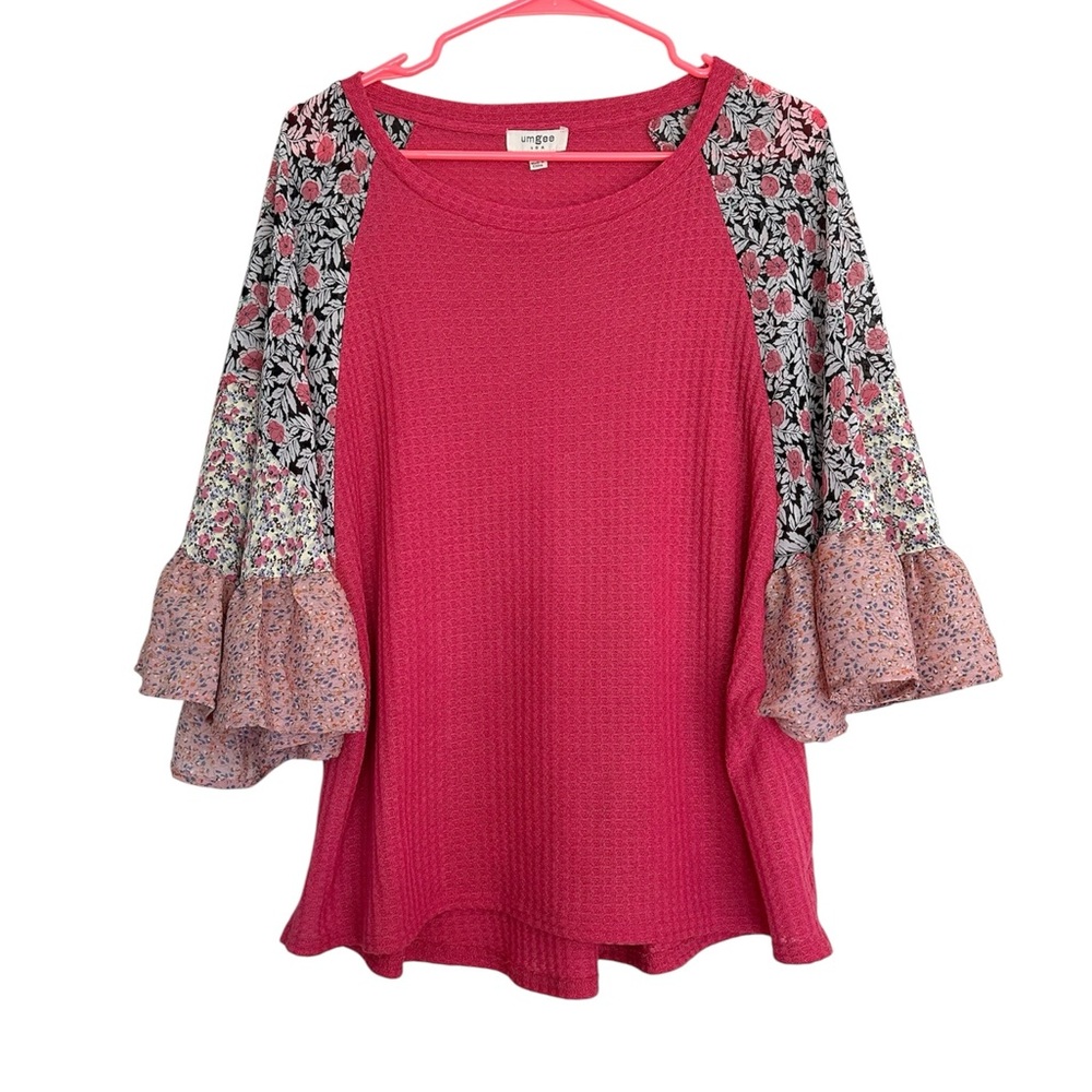 Umgee Vibrant Fuchsia Floral Butterly Ruffle Sleeve Waffle-knit Top Size S